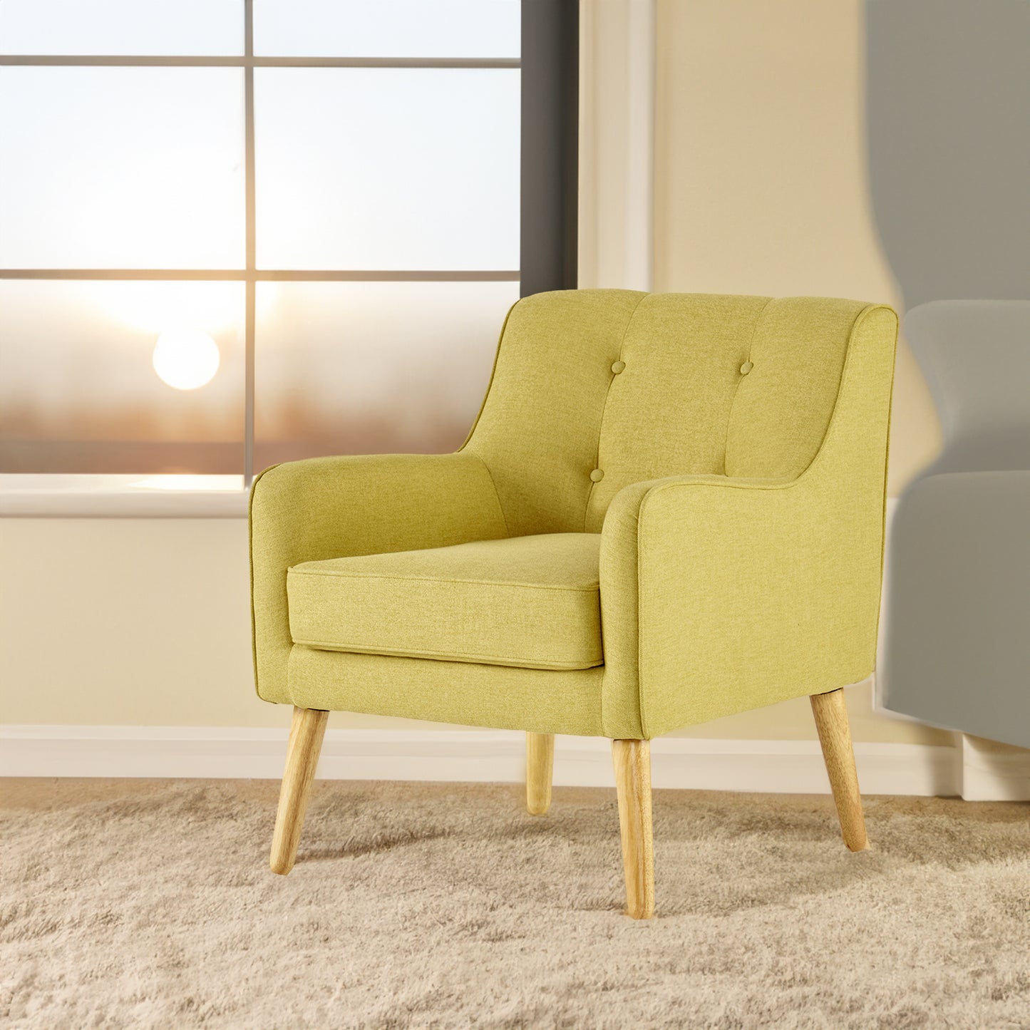 Vimora™ - Yellow Mid-Century Modern Arm Chair with Tufted Back and Birch Wood Legs