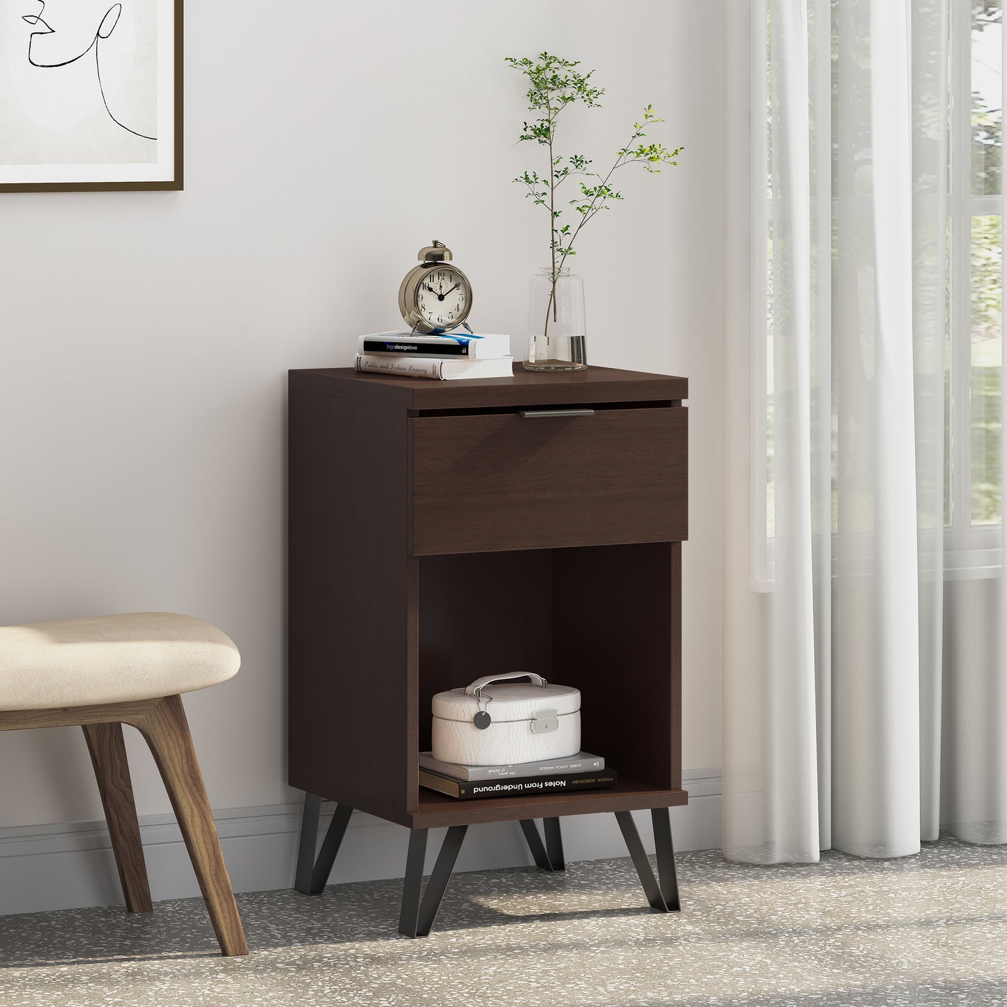 Luca™️ - Walnut 1 Drawer Tall End Table with Shelf for Modern Bedrooms