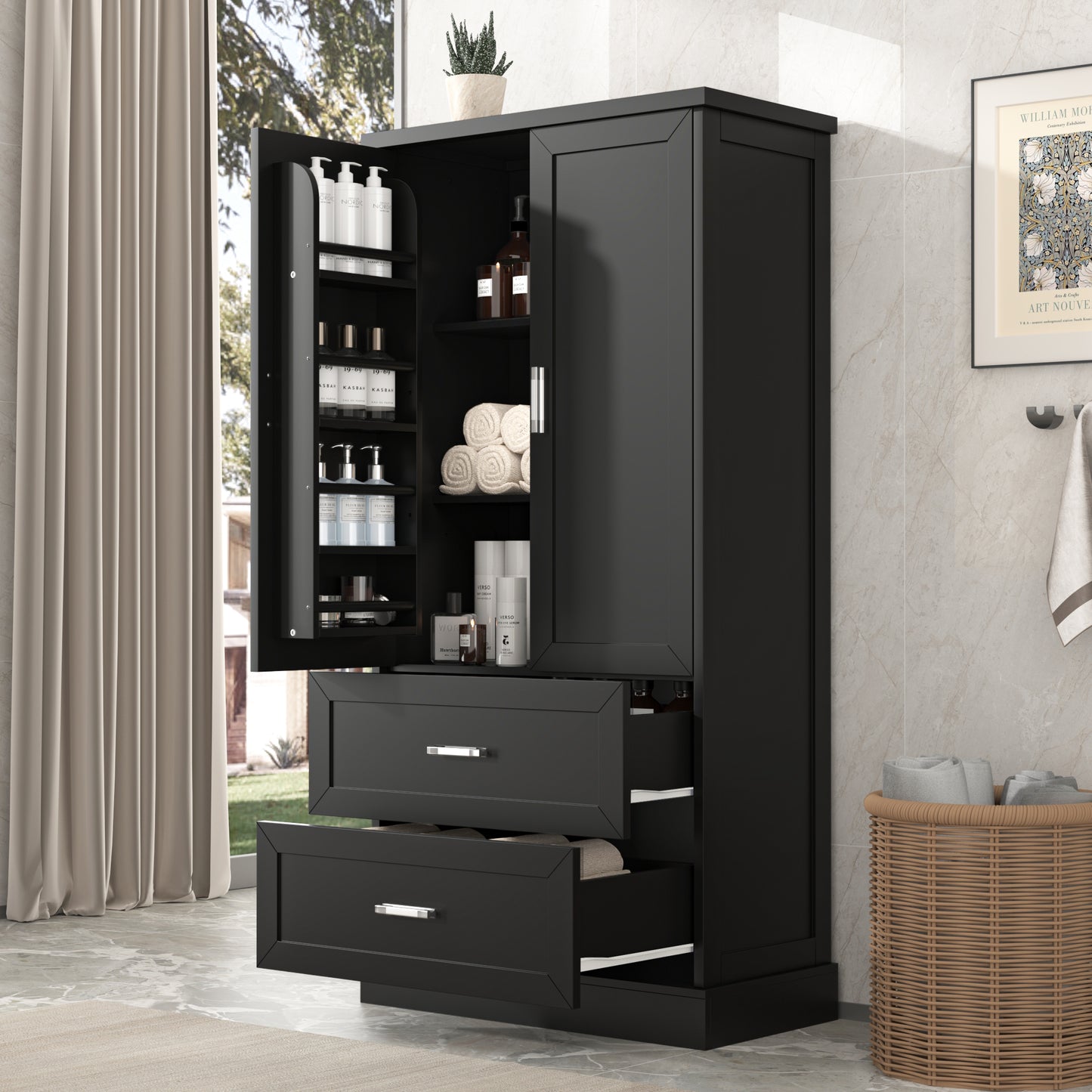 Vimora™ - Tall Black Bathroom Storage Cabinet with Doors, Drawers & Adjustable Shelf