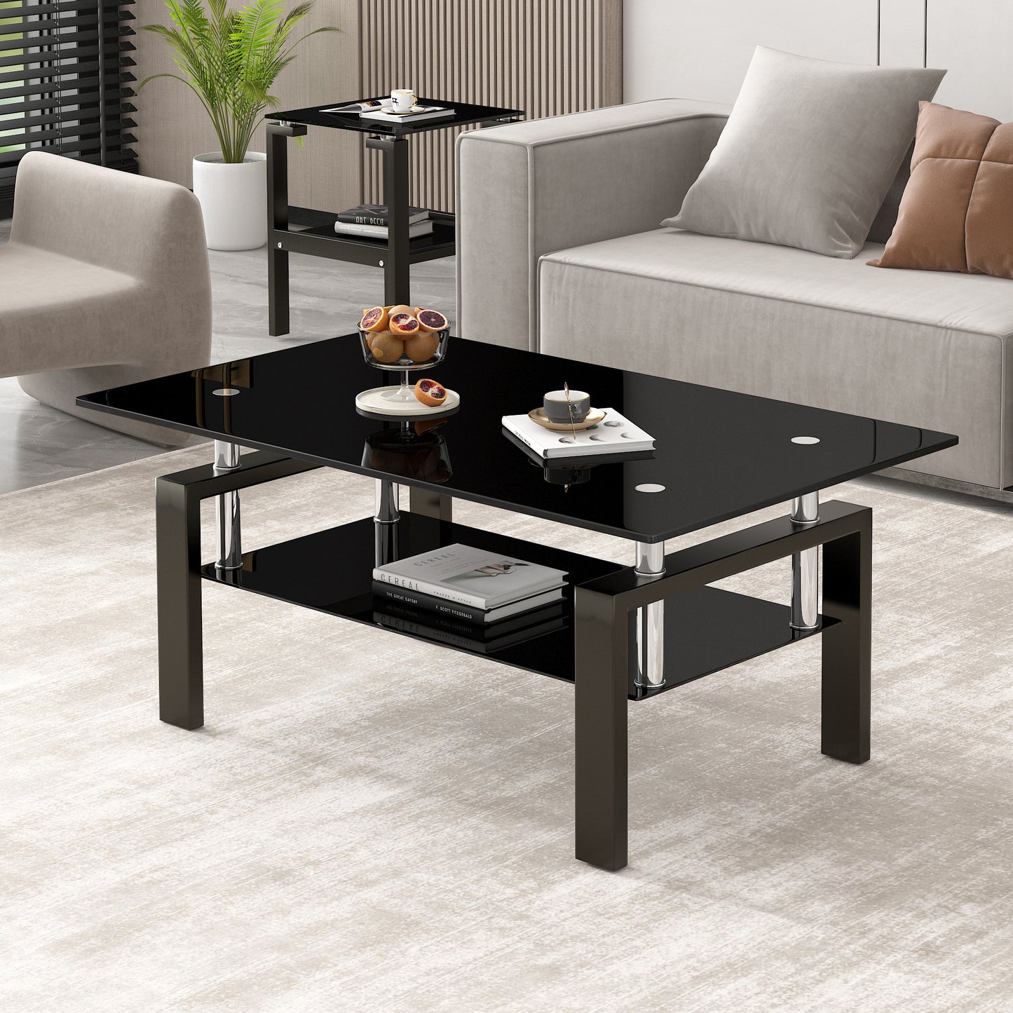 Vimora™ - Modern Black Tempered Glass Coffee Table with 2-Layer Storage