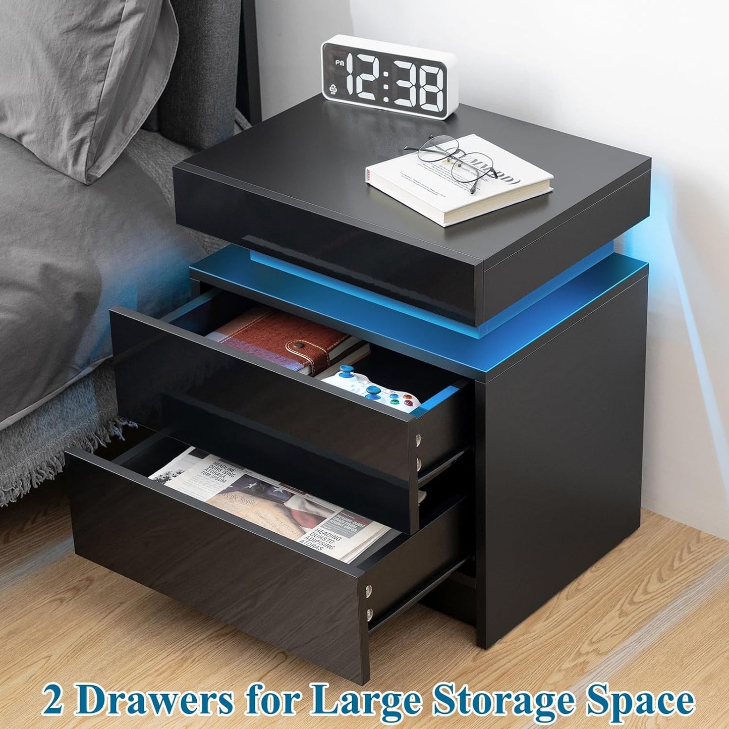 Vimora™ - Modern Black LED Nightstand with Glossy Drawers & Multi-Colour Lighting