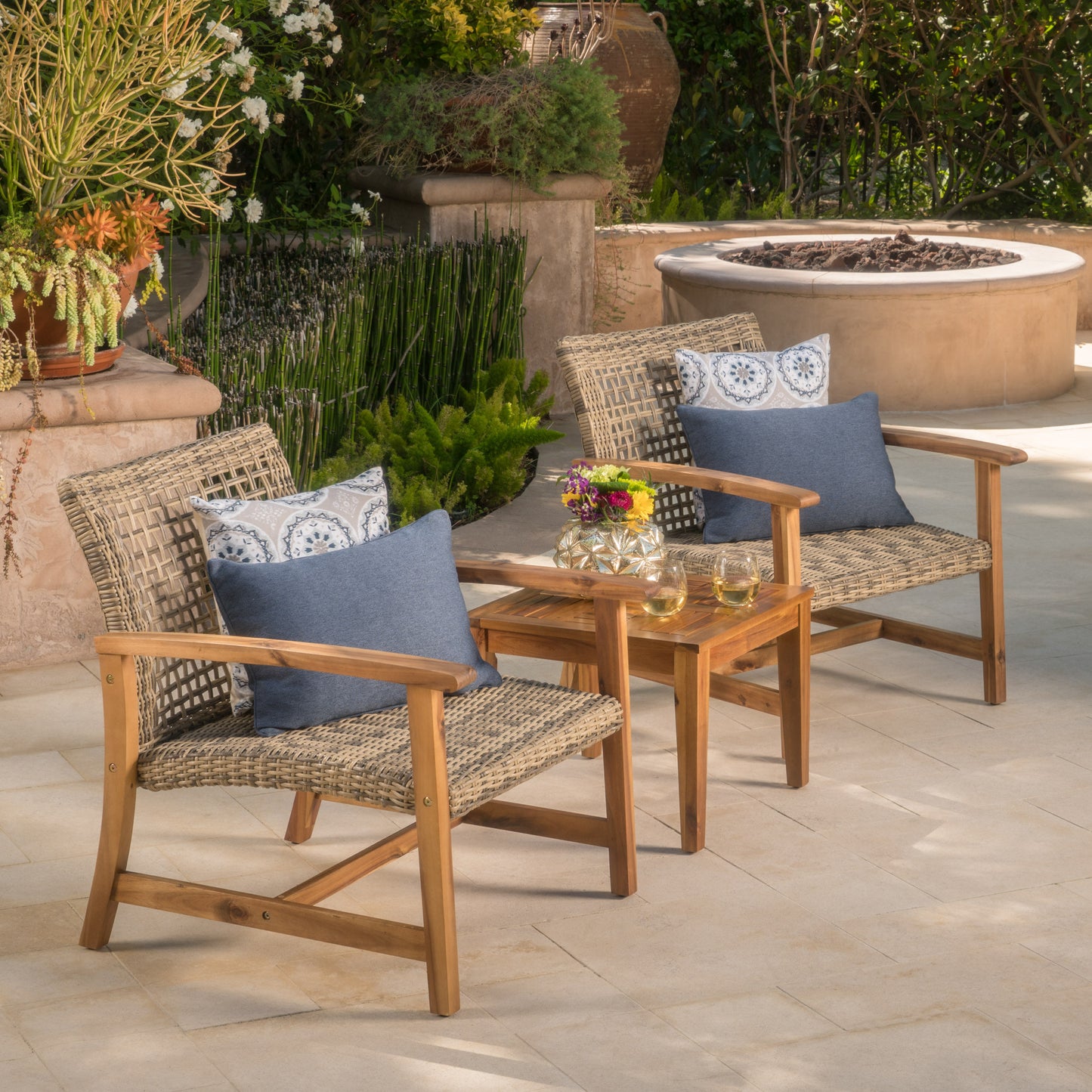 Hampton™ - Stylish Natural Grey Wooden & Wicker Outdoor Club Chairs Set of 2
