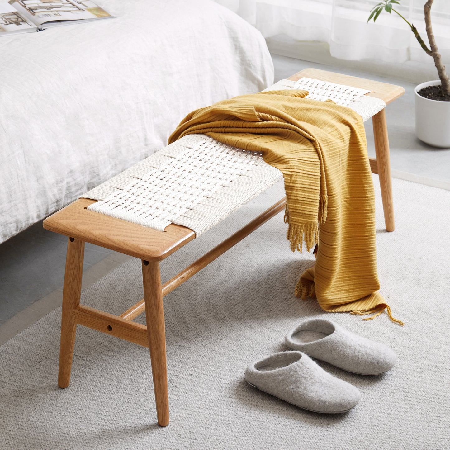 Vimora™ - Natural Oak Wood Versatile Dining Bench with Woven Cane Seat