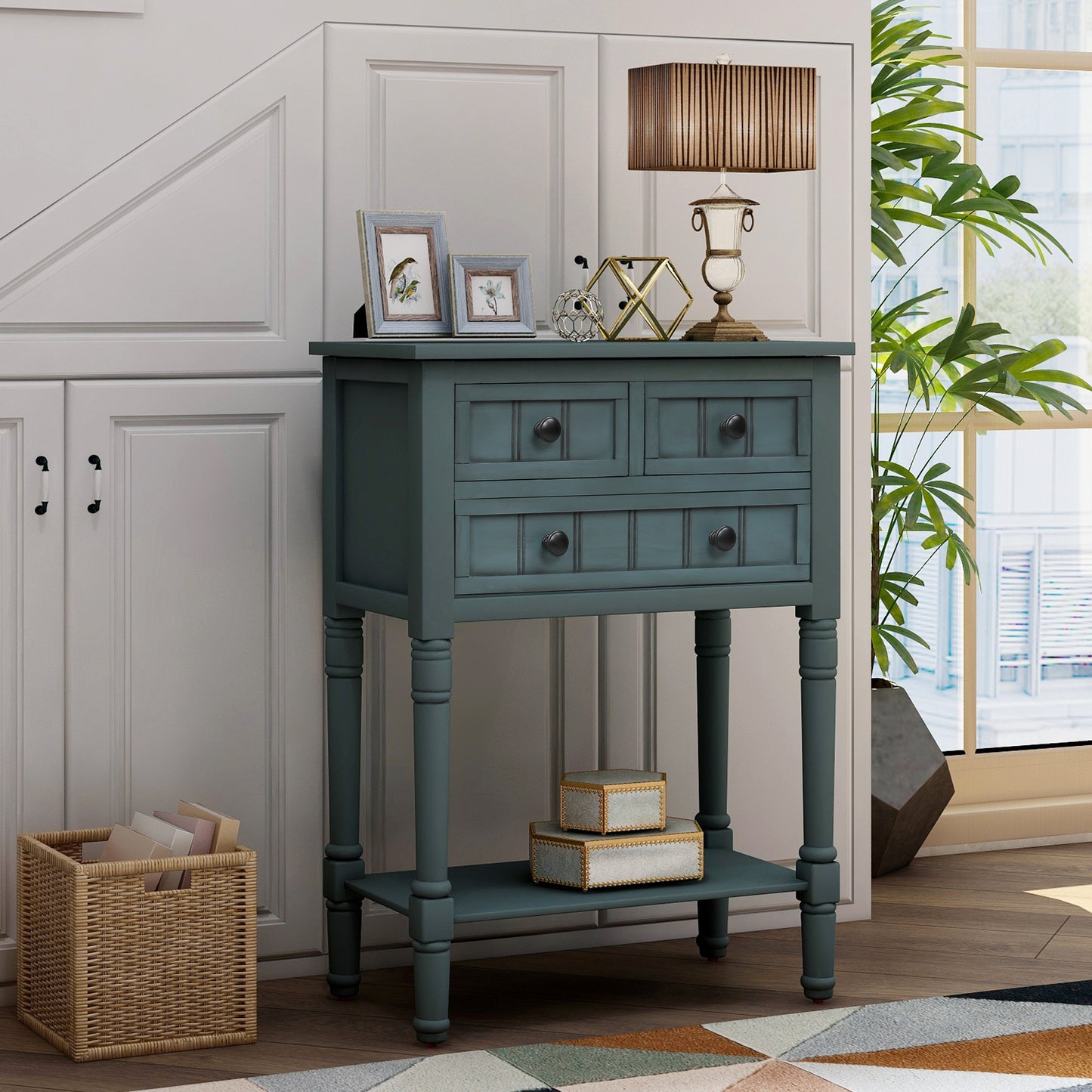 Vimora™ - Narrow Console Table with Storage Drawers and Bottom Shelf in Navy