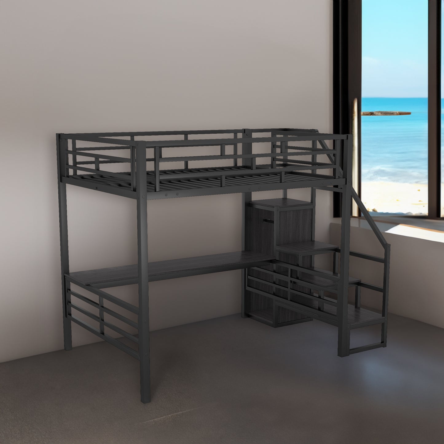 Vimora™ - Full Size Metal Loft Bed with Desk, Storage Staircase and Wardrobe in Black
