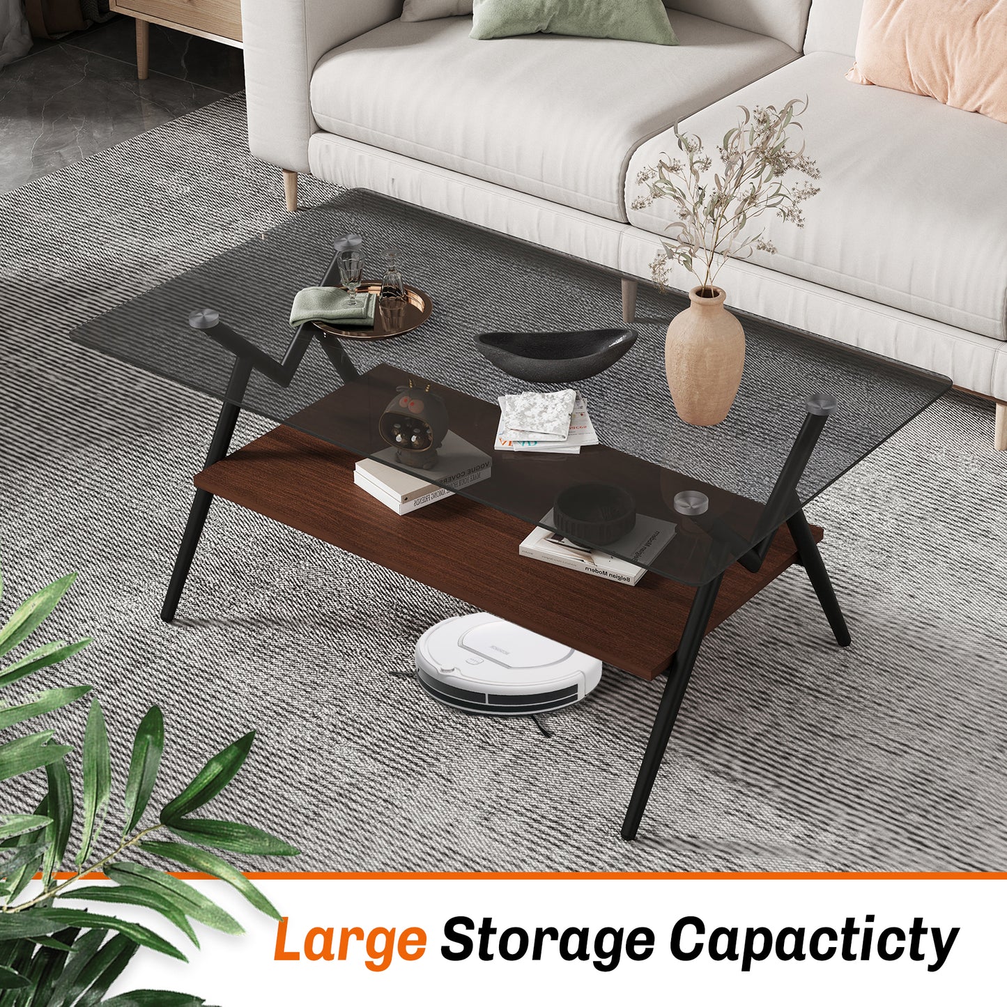 Vimora™ - Modern Rectangle Coffee Table with Tempered Gray Glass Top and Brown MDF Shelf