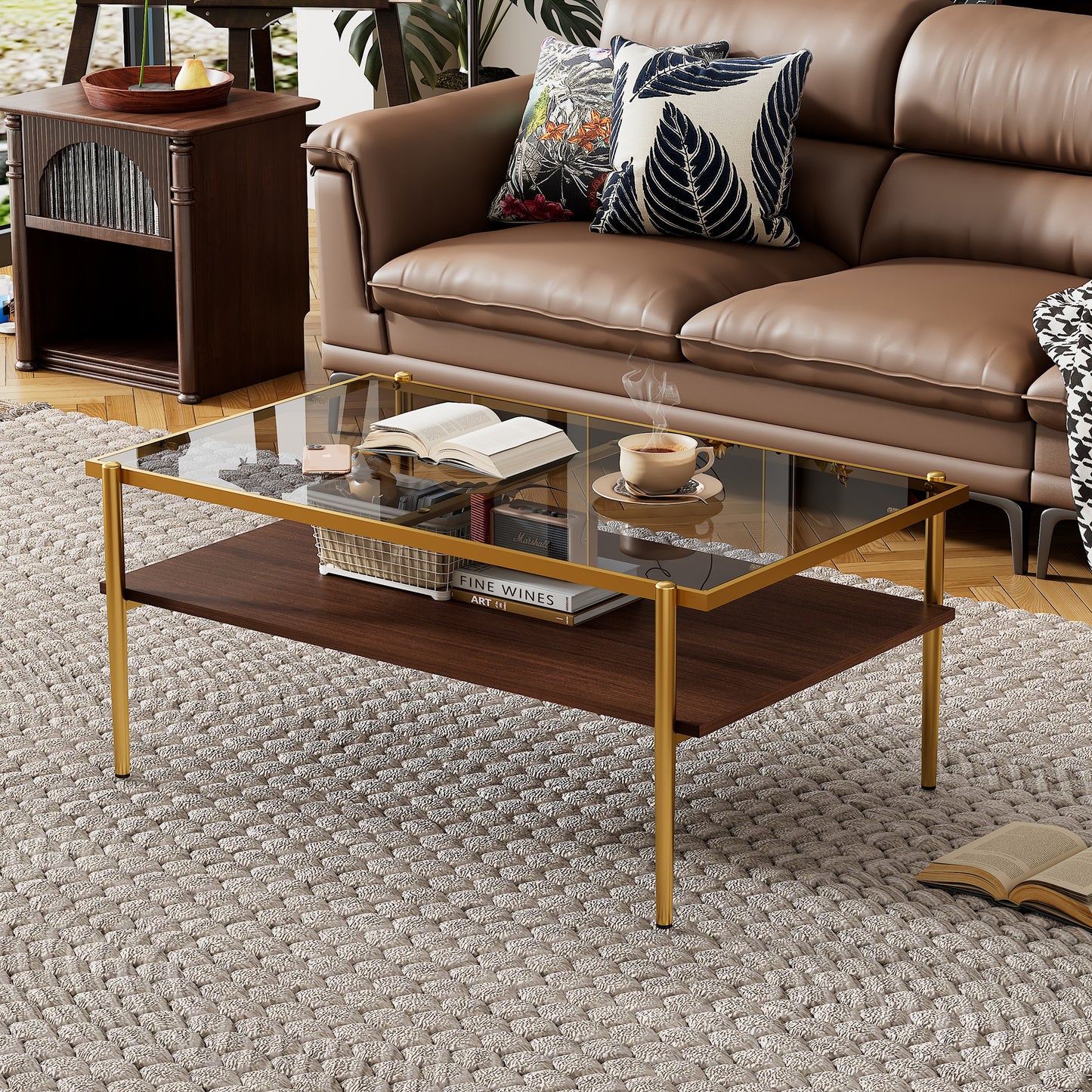 Lena™️ - Rectangle Coffee Table with Gray Glass Top and Golden Legs for Modern Living Rooms