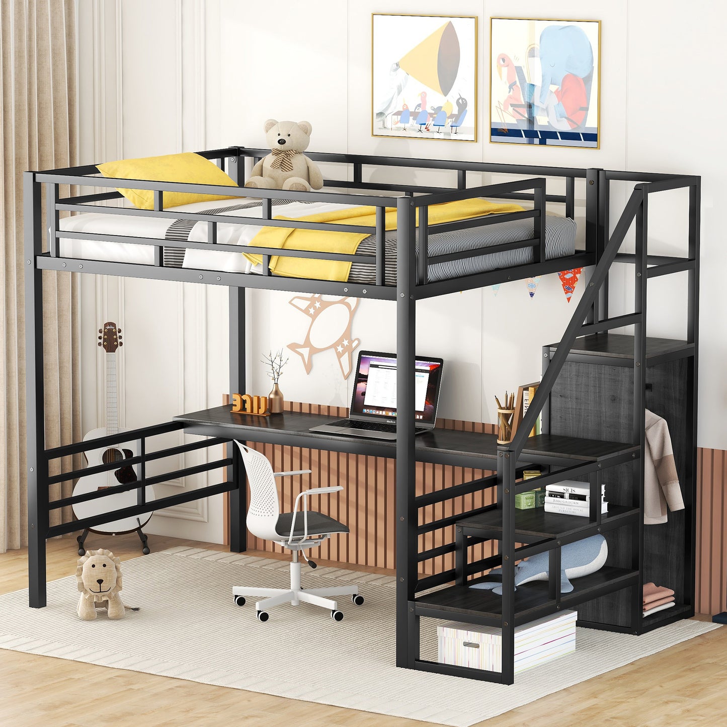 Vimora™ - Full Size Metal Loft Bed with Desk, Storage Staircase and Wardrobe in Black