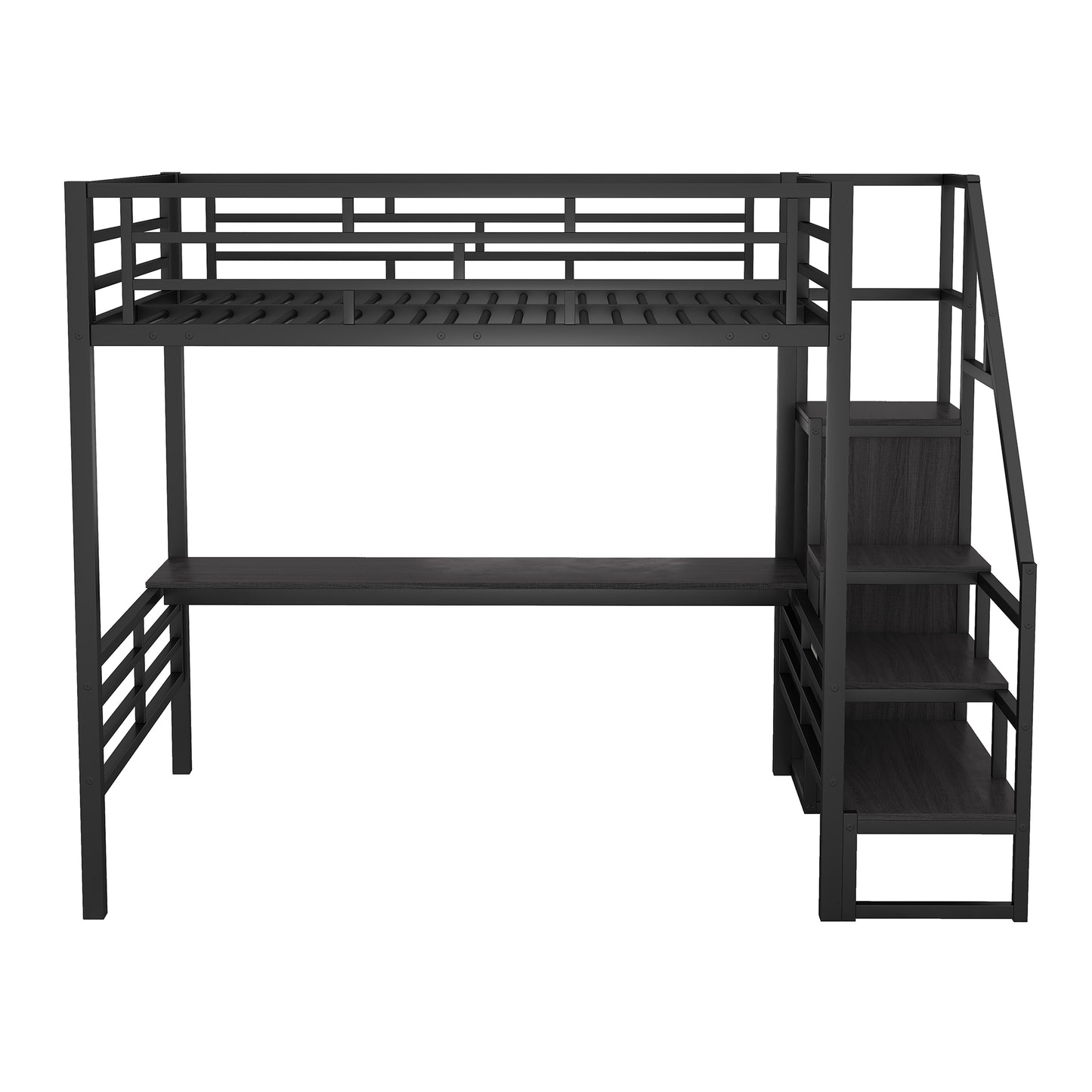 Vimora™ - Full Size Metal Loft Bed with Desk, Storage Staircase and Wardrobe in Black