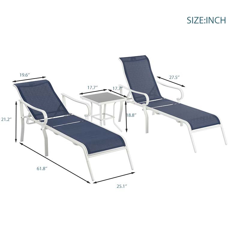 Vimora™ - Classic White-Blue 3-Piece Patio Lounge Chair Set with Adjustable Backrests