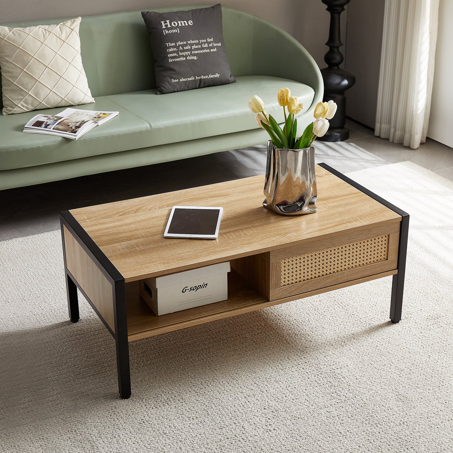 Luca™️ - Modern Rattan Coffee Table with Sliding Door Storage and Metal Legs