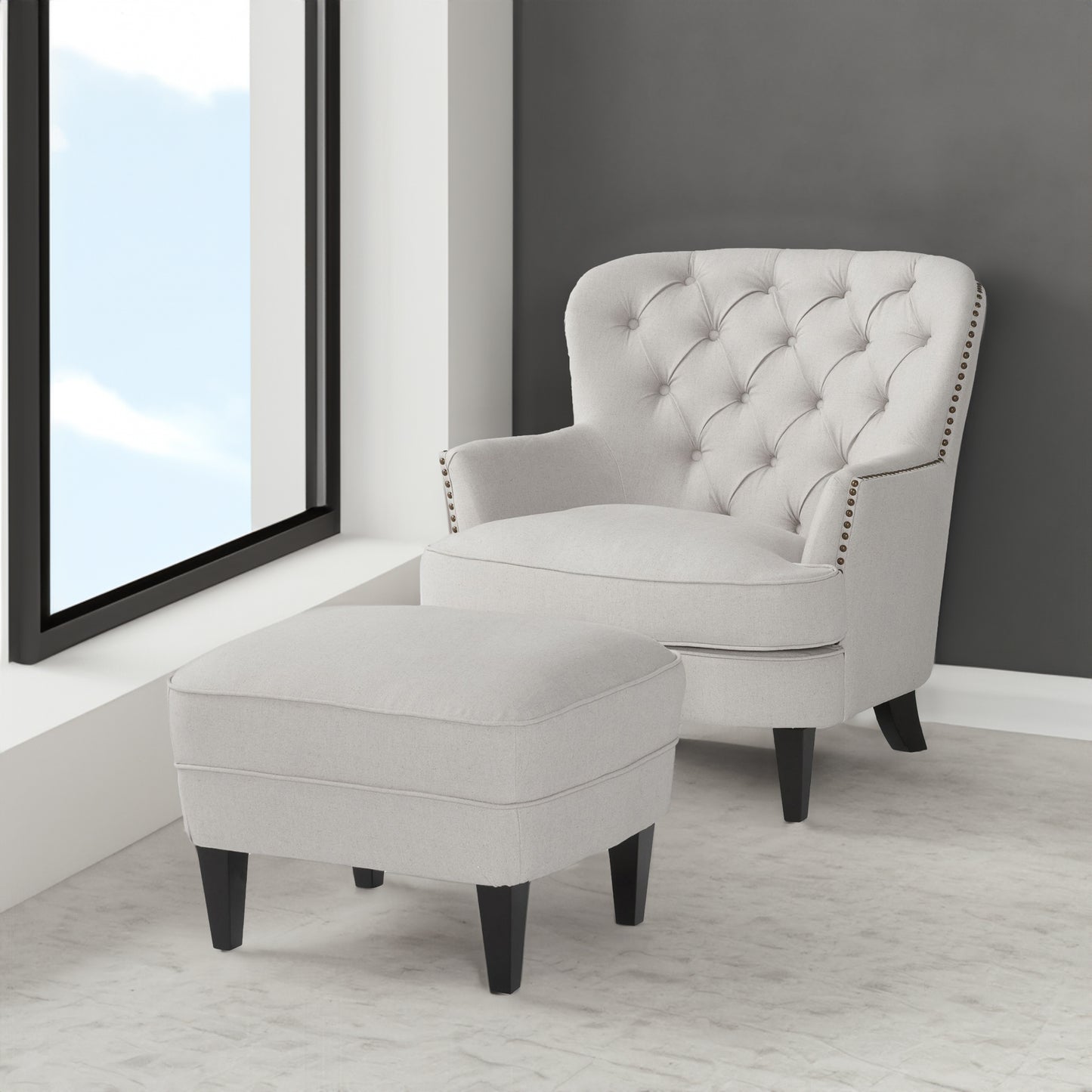Vimora™ - Contemporary Light Grey Club Chair and Ottoman Set