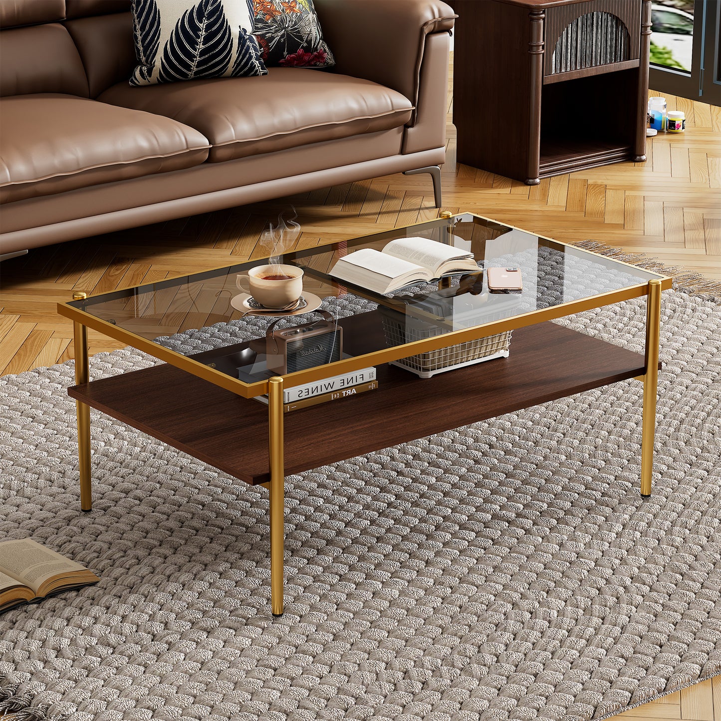 Lena™️ - Rectangle Coffee Table with Gray Glass Top and Golden Legs for Modern Living Rooms