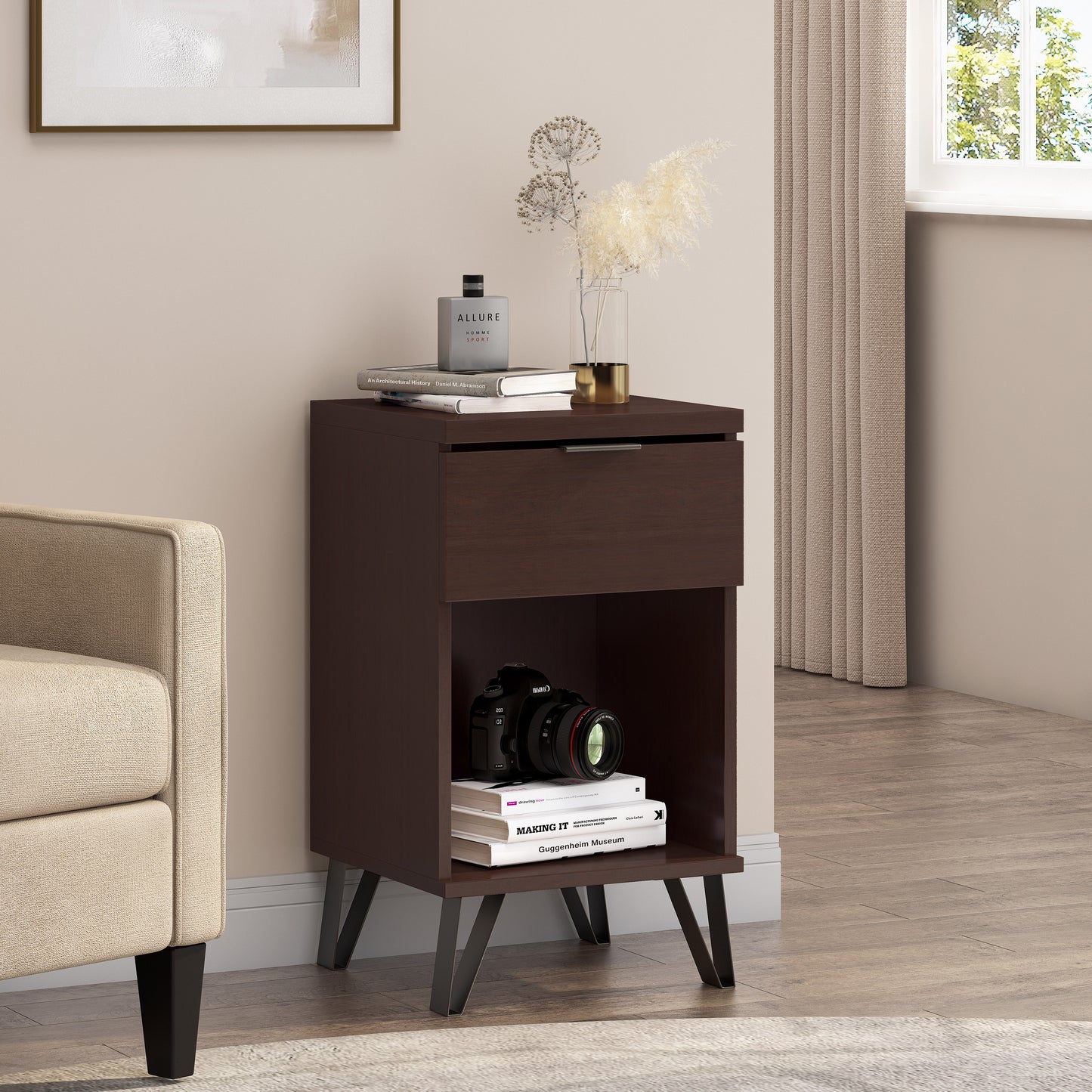 Luca™️ - Walnut 1 Drawer Tall End Table with Shelf for Modern Bedrooms