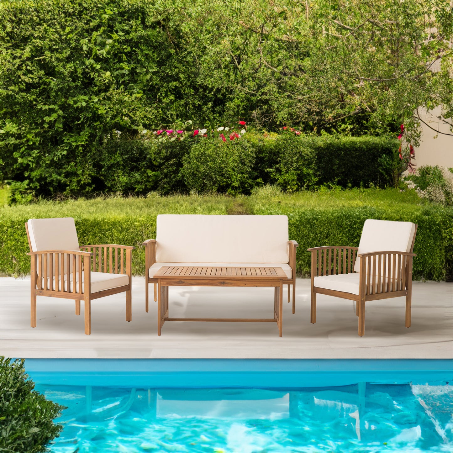 Vimora™ - Brown Acacia Wood 4PC Patio Conversation Set with Water-Resistant Cushions