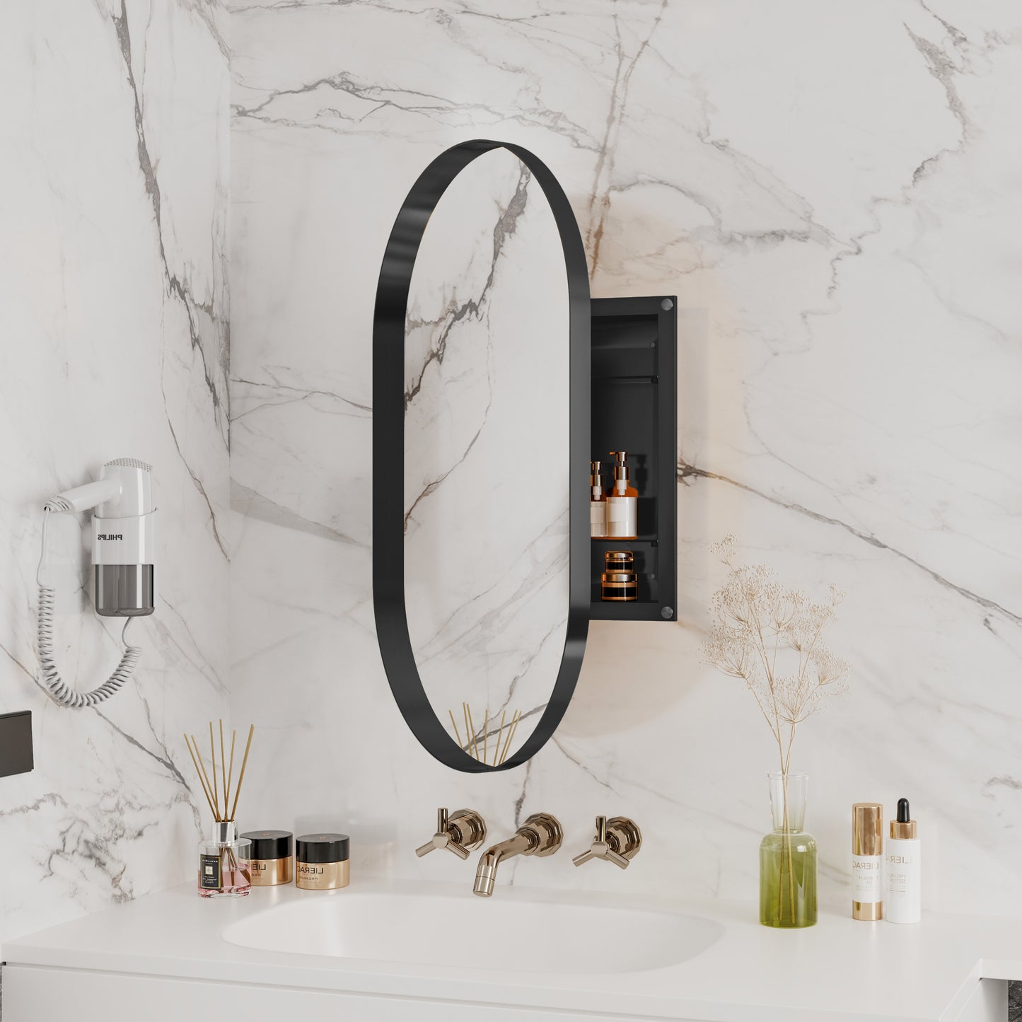 Vimora™ - 20x34 Inch Matte Black Oval Medicine Cabinet with Mirror & Adjustable Shelves