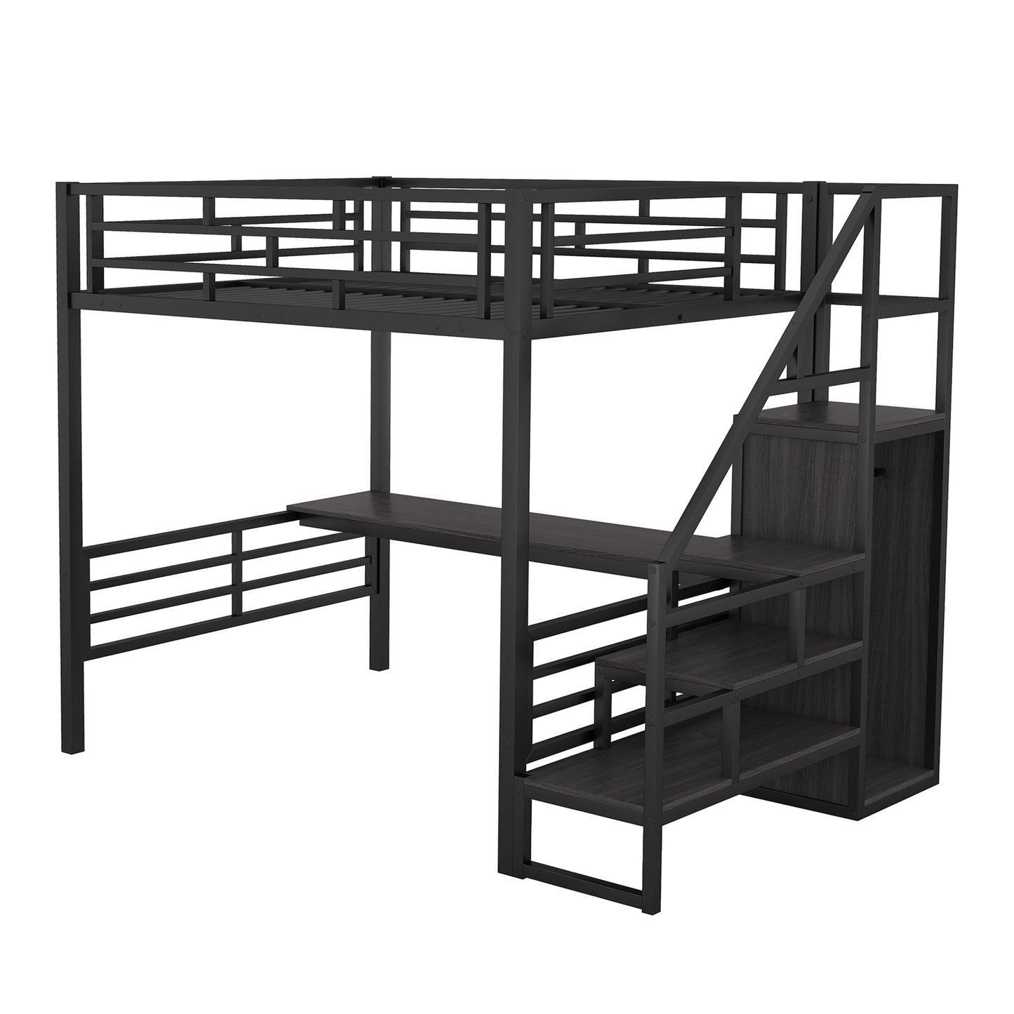 Vimora™ - Full Size Metal Loft Bed with Desk, Storage Staircase and Wardrobe in Black