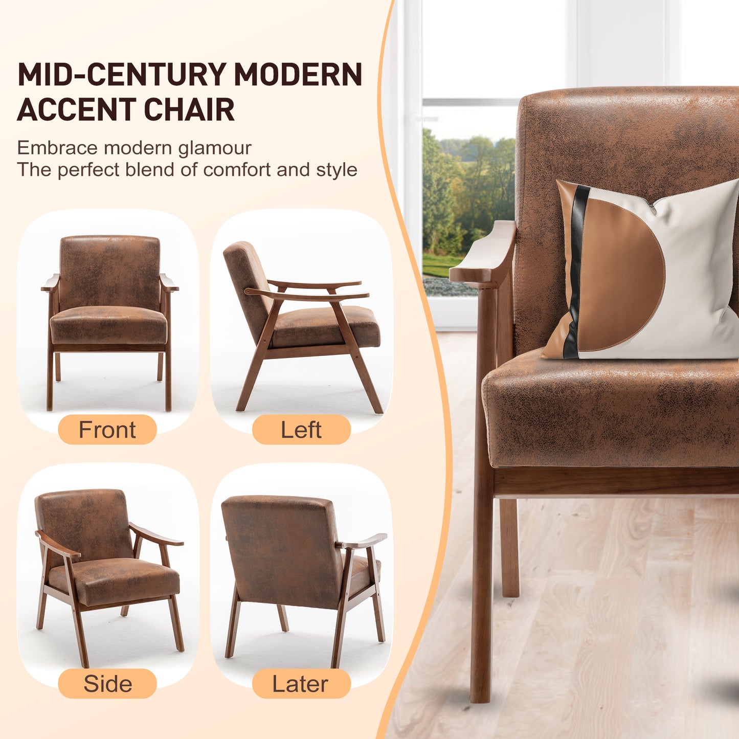 Vimora™ - Mid-Century Modern Accent Chair with Solid Wood Frame and Extra-Thick Backrest