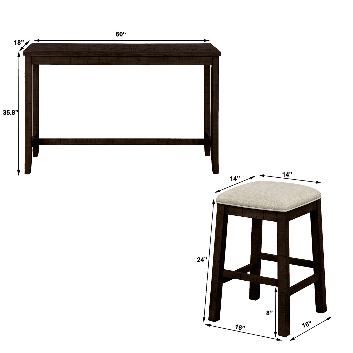 Vimora™ - Rustic Brown Counter Height Dining Set with Padded Stools and Built-in Charging