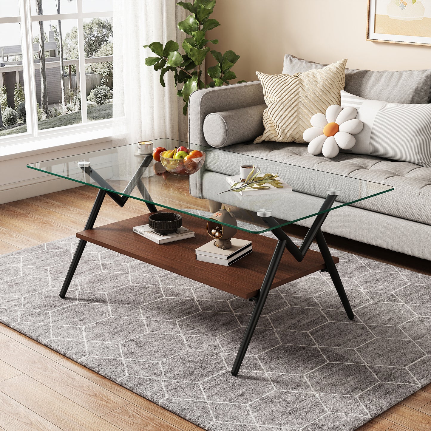 Freja™️ - Rectangle Coffee Table with Tempered Glass Top and Black Metal Legs