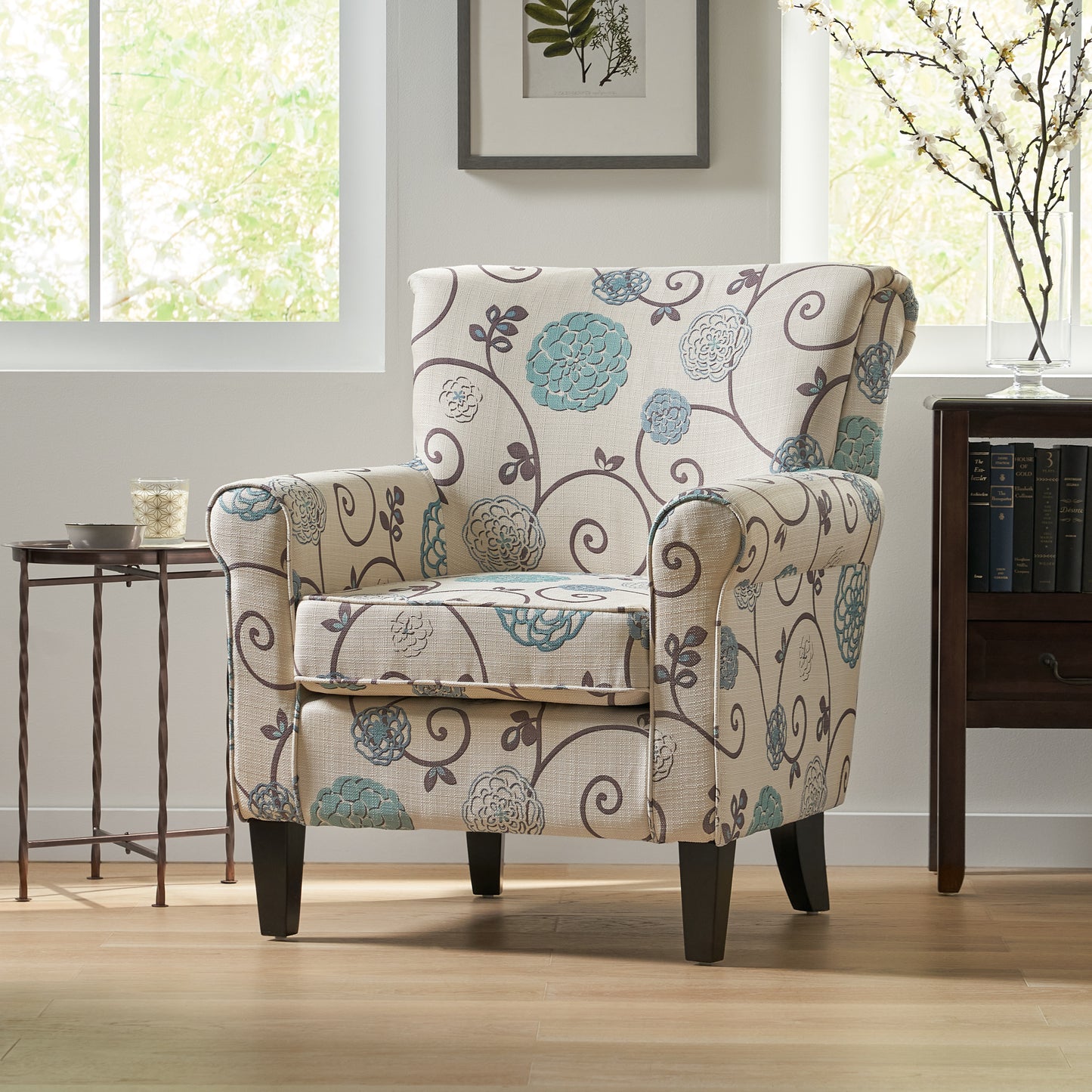 Vimora™ - Jasmine Club Chair in Blue Floral Fabric with Chic Rolled Armrests