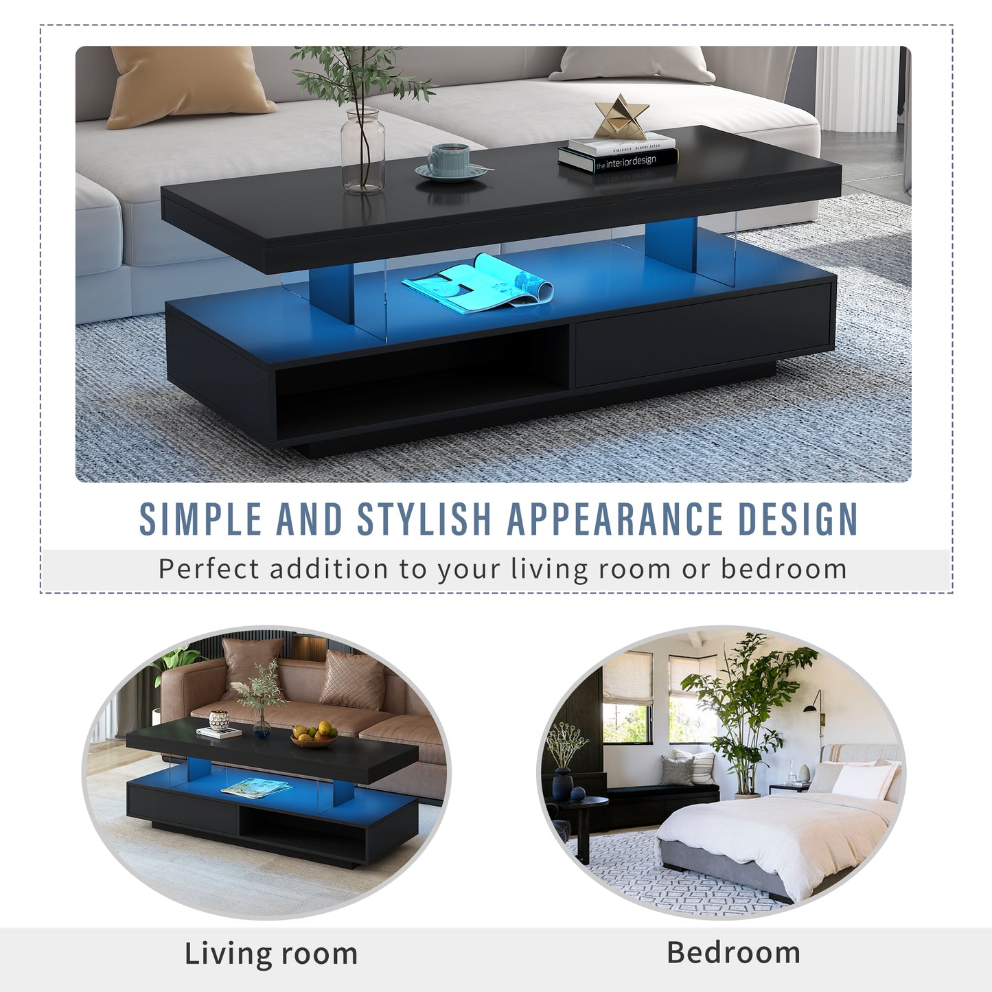 Vimora™ - Modern LED Coffee Table with Storage, 2 Drawers & Display Rack (Black)