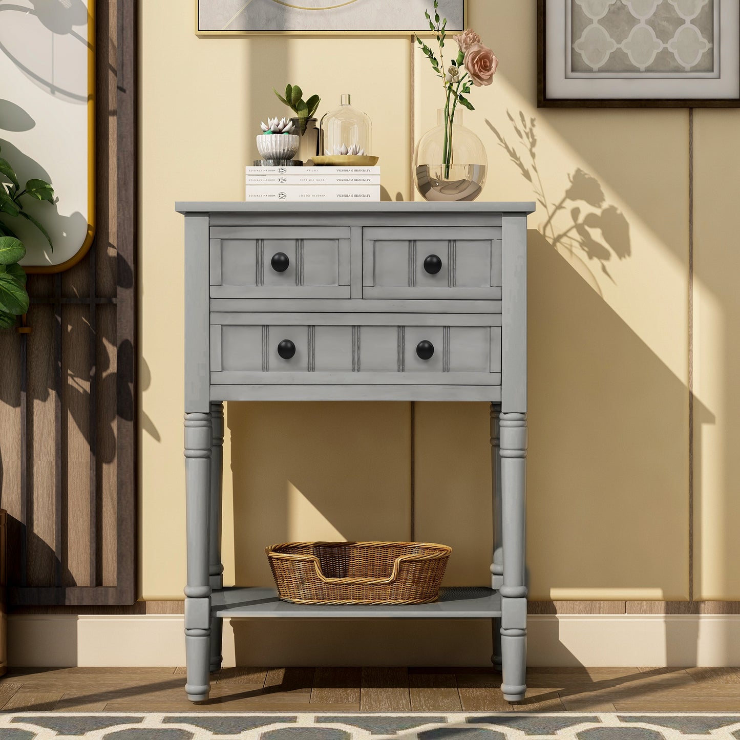 Luca™️ - Grey Washed Narrow Console Desk with 3 Drawers and Bottom Shelf for Living Room