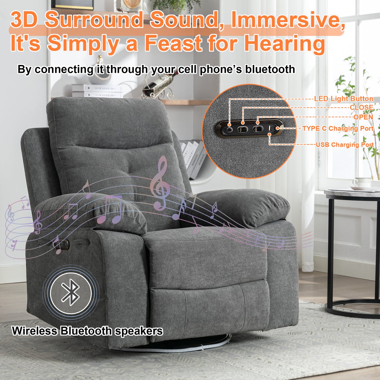 Vimora™ - Rotating Electric Recliner Lounge Chair with Bluetooth, LED Light & Adjustable Footrest