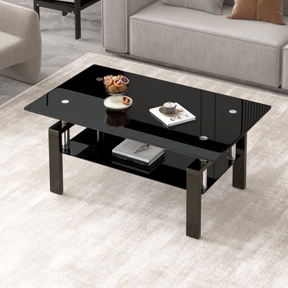 Vimora™ - Modern Black Tempered Glass Coffee Table with 2-Layer Storage