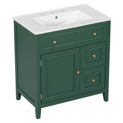 Vimora™ - 30" Green Bathroom Vanity with Sink, Cabinet, and Drawers, Solid Wood Construction