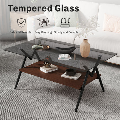 Vimora™ - Modern Rectangle Coffee Table with Tempered Gray Glass Top and Brown MDF Shelf