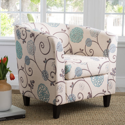 Vimora™ - White and Blue Fabric Club Chair with Birch Wood Legs