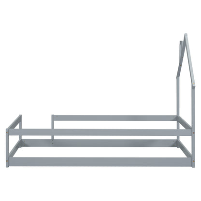 Vimora™ - Twin Size Grey House-Shaped Bed with Guardrails & Pine Wood Frame
