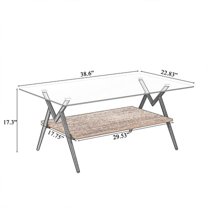Vimora™ - Modern Rectangle Coffee Table with Tempered Gray Glass Top and Brown MDF Shelf