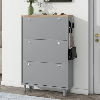 Vimora™ - Grey Narrow Design Shoe Cabinet with 3 Flip Drawers & Hooks