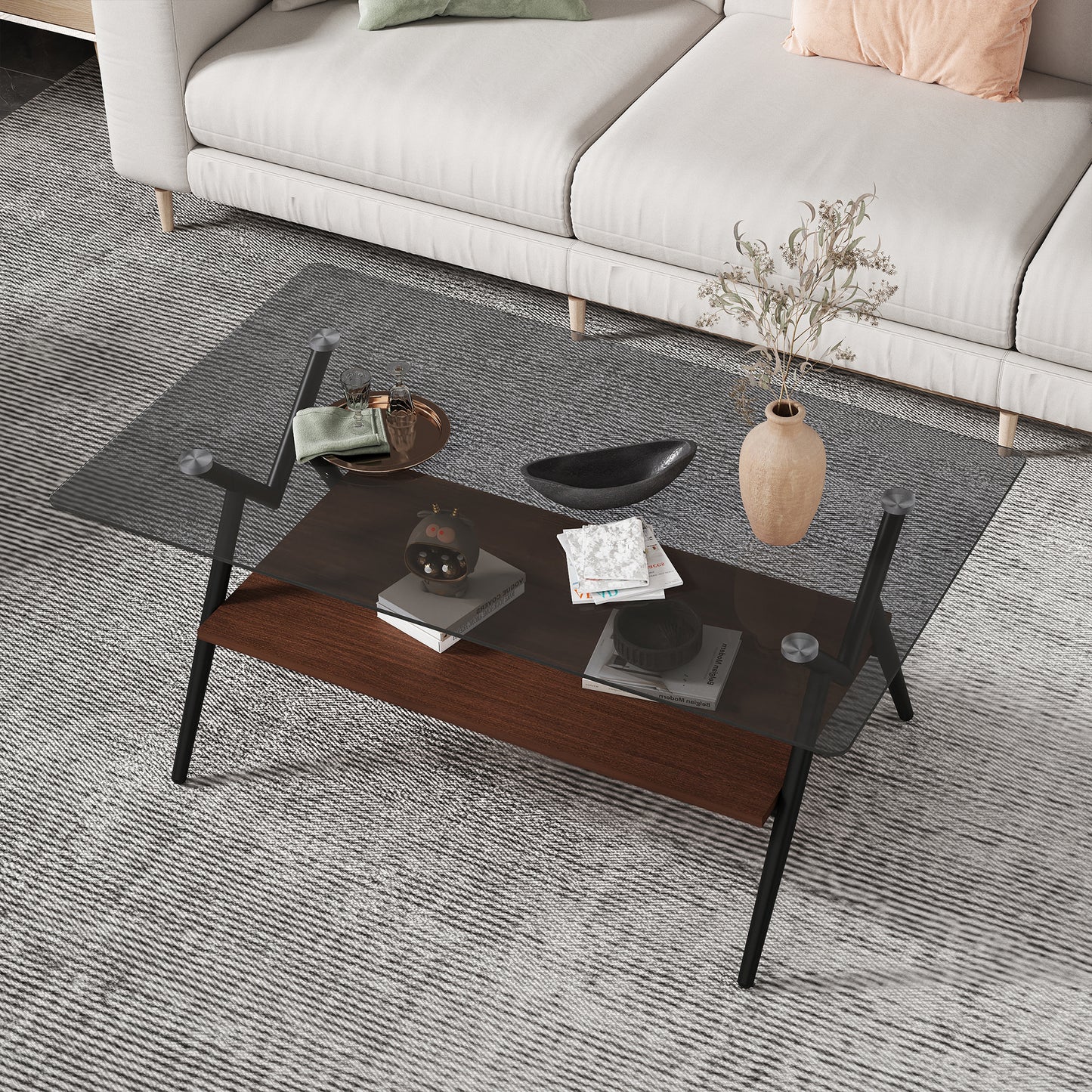 Vimora™ - Modern Rectangle Coffee Table with Tempered Gray Glass Top and Brown MDF Shelf