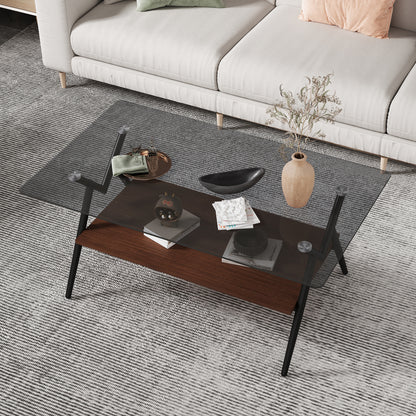 Vimora™ - Modern Rectangle Coffee Table with Tempered Gray Glass Top and Brown MDF Shelf