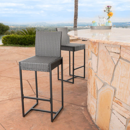 Stylish Vimora™ - Grey Polyethylene Rattan Outdoor Wicker Barstool Set of 2, perfect for your patio or backyard space.