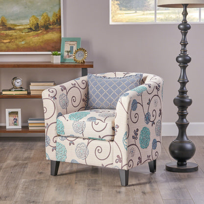 Vimora™ - White and Blue Fabric Club Chair with Birch Wood Legs