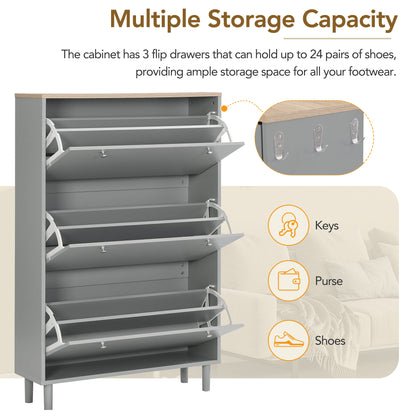 Vimora™ - Grey Narrow Design Shoe Cabinet with 3 Flip Drawers & Hooks