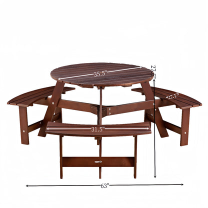 Vimora™ - Outdoor 6-Person Round Wooden Picnic Table with 3 Benches & Umbrella Hole
