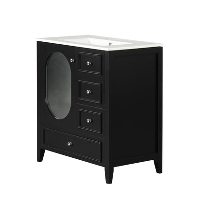 Vimora™ - Black Bathroom Vanity with Sink, Solid Wood, 3 Drawers & Moru Glass Door