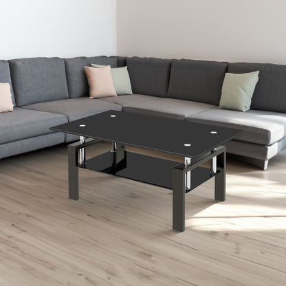 Vimora™ - Modern Black Tempered Glass Coffee Table with 2-Layer Storage
