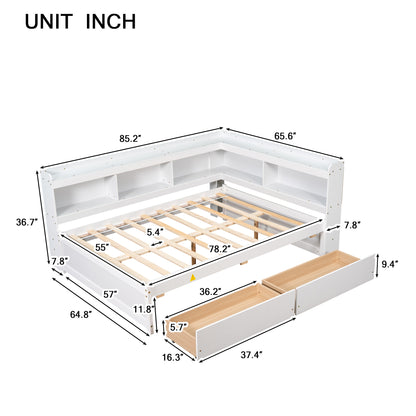 Vimora™ - Full Bed with L-shaped Bookcases and Storage Drawers in White