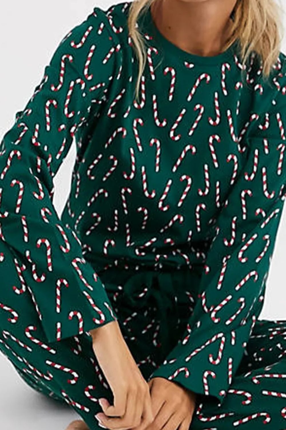 Candy Cane Print Round Neck Top and Pants Lounge Set