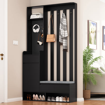 Vimora™ - Multifunctional Hall Tree with Cushioned Bench, Pegboard & Hooks in Black
