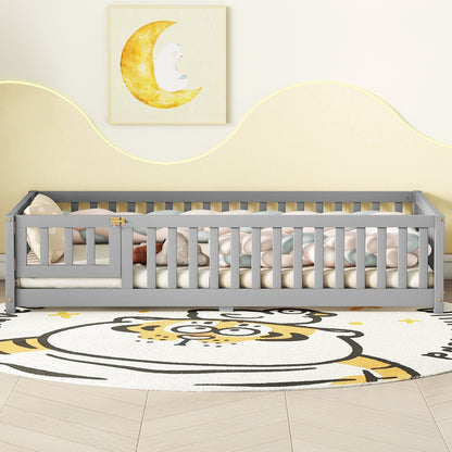 Vimora™ - Twin Size Gray Floor Bed with Safety Guardrails and Door for Kids
