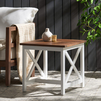 Vimora™ - Stylish Brown & White Acacia Wood End Table with Farmhouse Design