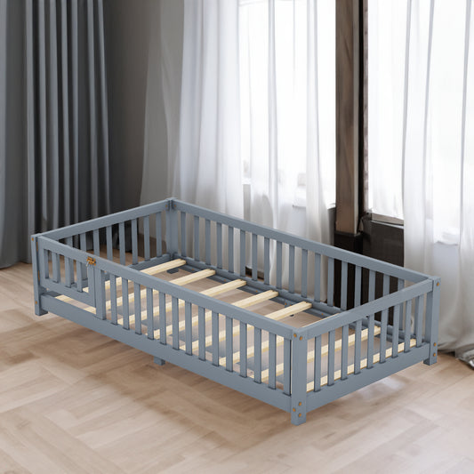 Vimora™ - Twin Size Gray Floor Bed with Safety Guardrails and Door for Kids
