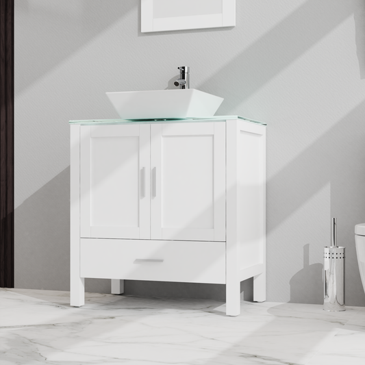 Vimora™ - 30" White Bathroom Vanity & Sink Combo with Mirror and Glass Top